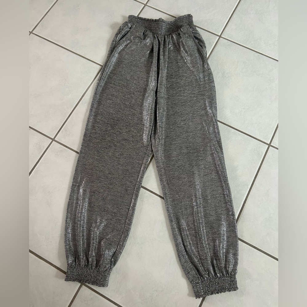 Anthropologie Metallic Gray Smocked-Waist Jogger Pants